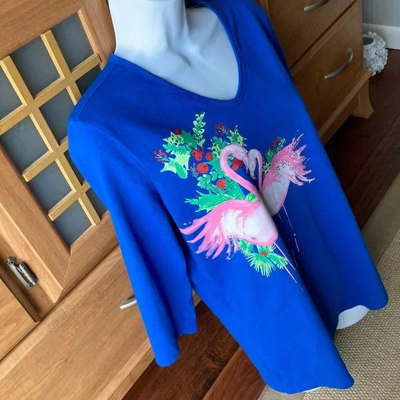 Coral Bay Holiday Royal Blue Top with Pink Flamingos Large - Picture 3 of 6